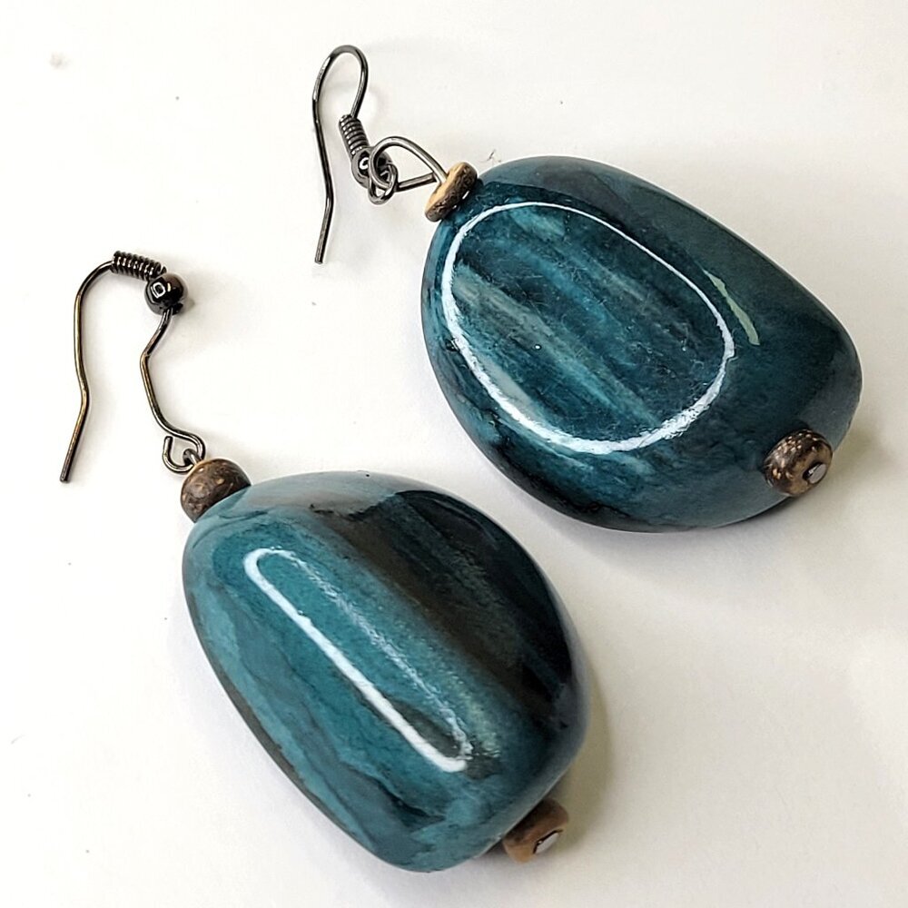 Teal/Black/Golden Colour Fusion Wood Bead Drop Earrings with Silver Tone Closure